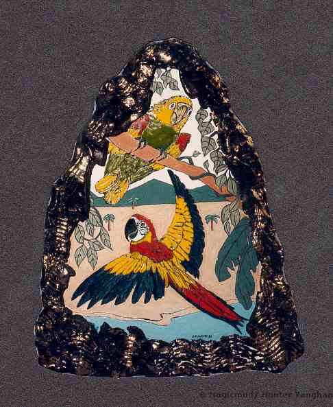 Custom Ceramic Bird Tile featuring Macaw and Parrot, handpainted original work of art