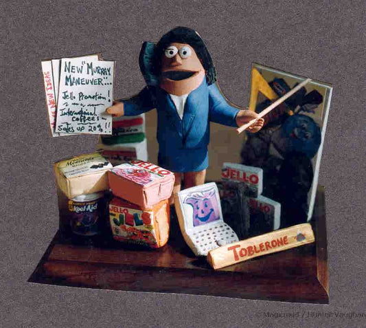 Corporate Figurine, a personalized gift created for executive at kraft foods surrounded by her products.