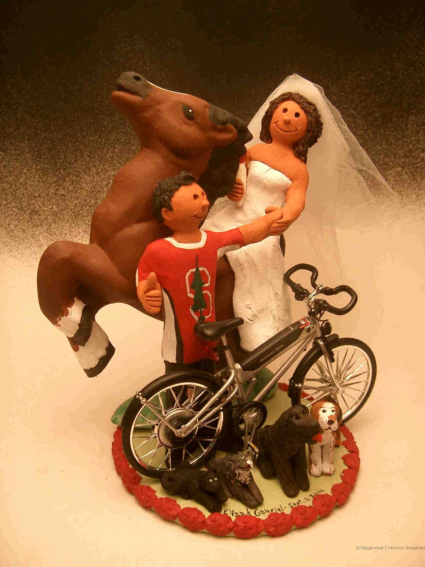 Cyclist Groom and Equestrian Bride Wedding Cake Topper