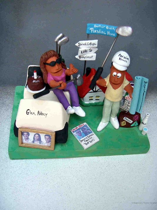 Custom clay figurine of developer and wife golfing, with kids framed picture, personaliozed faux magazine with their picture, bluprints, suitcase and more