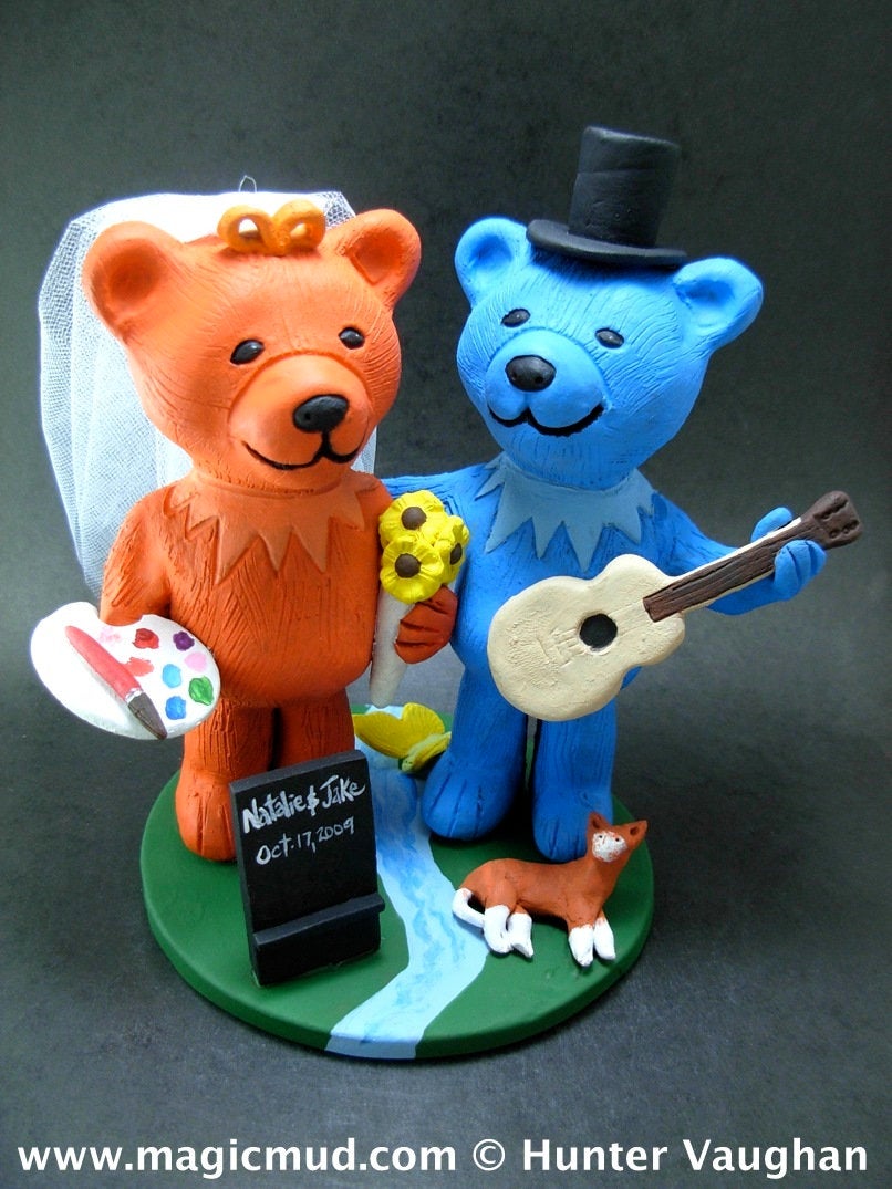 Rock and Roll Bears Wedding Cake Topper , Custom Made Dancing Bears Wedding Cake Topper, Hippie Bear Wedding Cake Topper - iWeddingCakeToppers