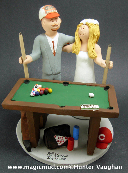 Billiard or Pool Players Wedding Cake Topper- custom made to order wedding cake topper- Bride and Groom with Pool Cue sticks caketopper - iWeddingCakeToppers
