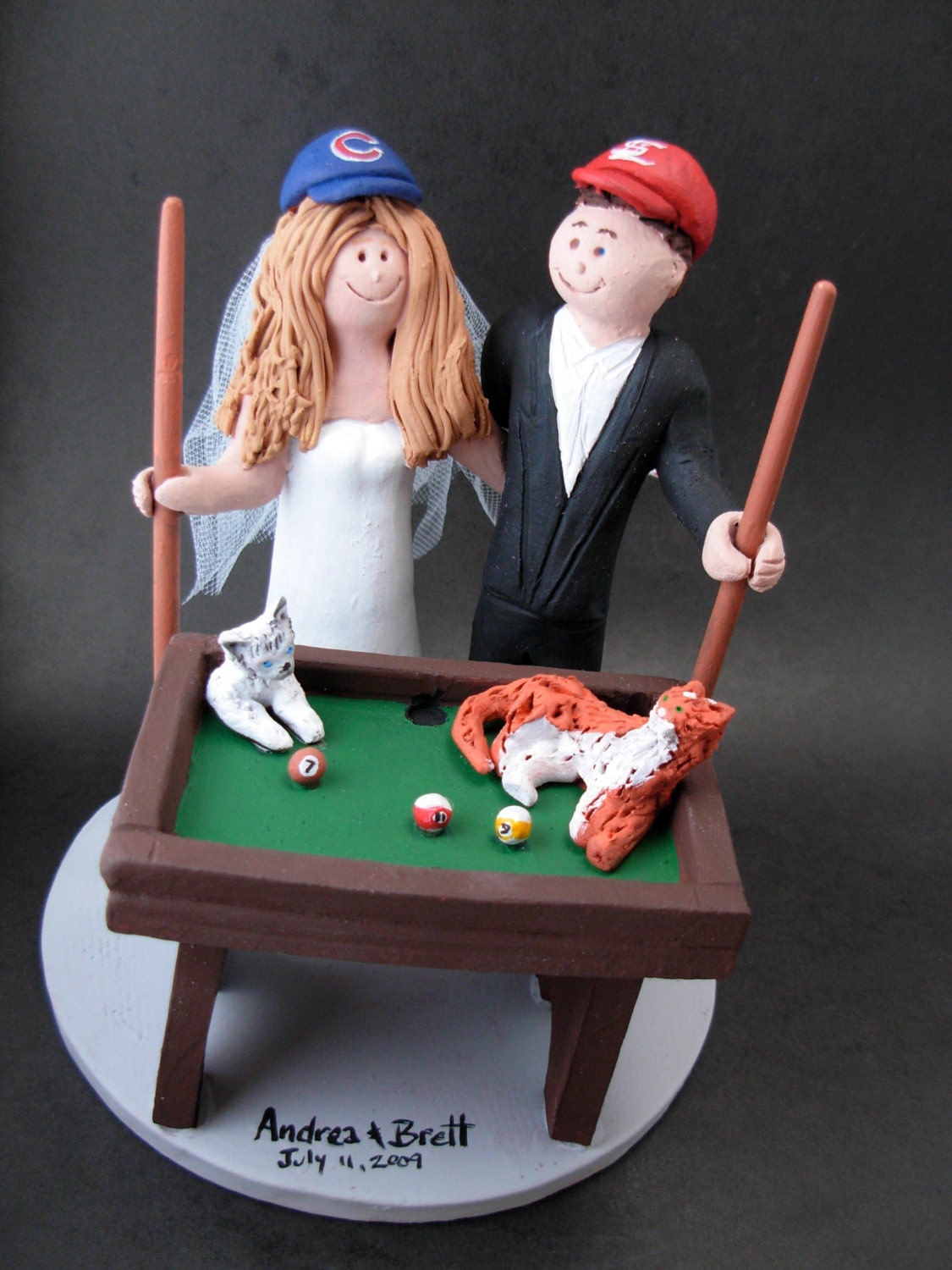 Billiard or Pool Players Wedding Cake Topper- custom made to order wedding cake topper- Bride and Groom with Pool Cue sticks caketopper
