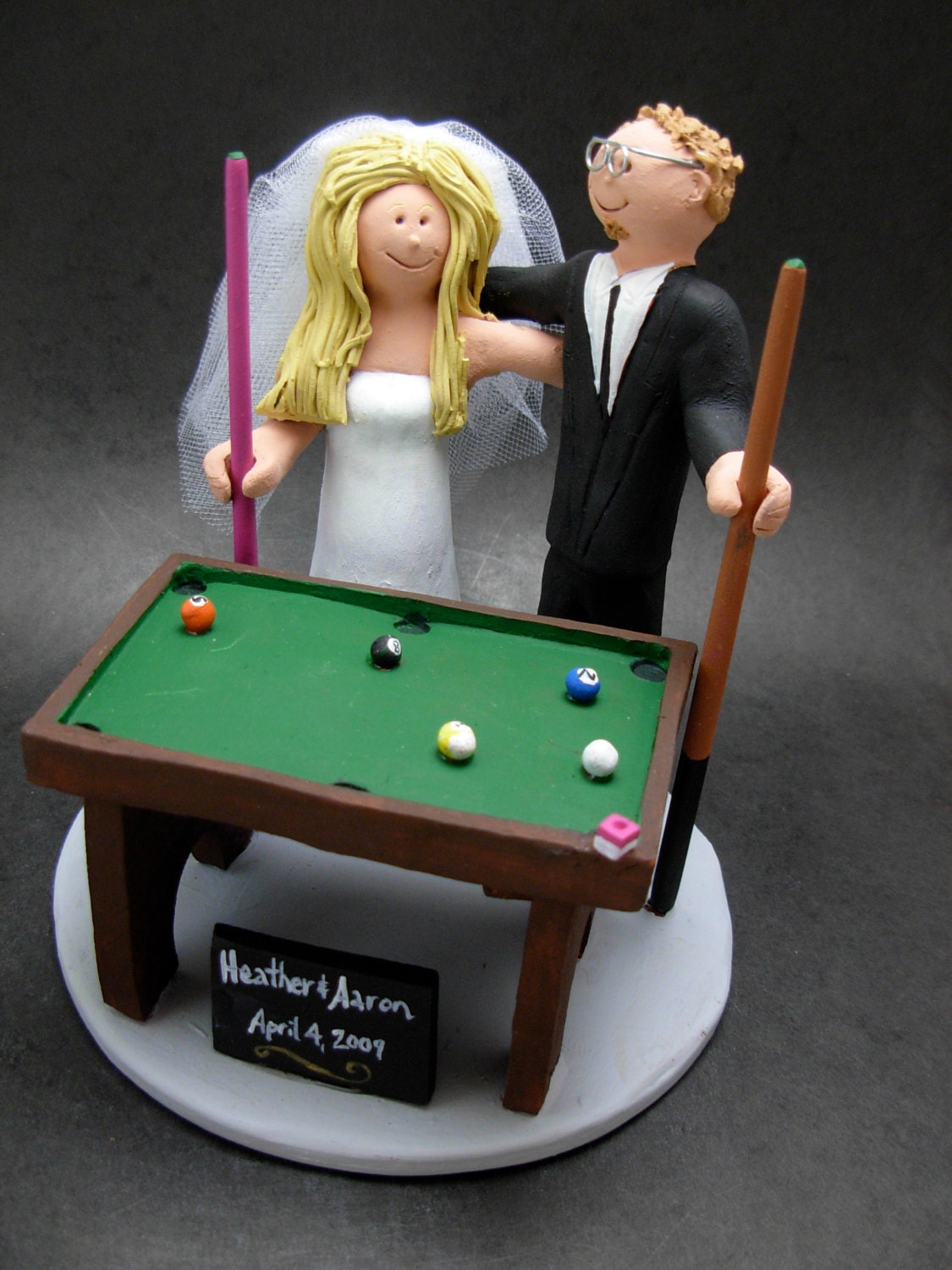 Billiard or Pool Players Wedding Cake Topper- custom made to order wedding cake topper- Bride and Groom with Pool Cue sticks caketopper