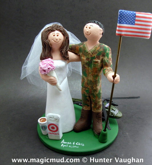 Army Pilot with Blackhawk Helicopter Wedding Cake Topper, Army Camouflage Wedding Cake Topper, American Flag Wedding Cake Topper