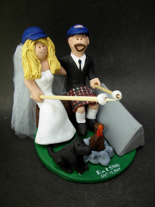Camper's Wedding Cake Topper, Campfire Marshmallows Wedding Cake Topper, Marshmallow Wedding Cake Topper, Groom in Kilt Wedding Cake Topper
