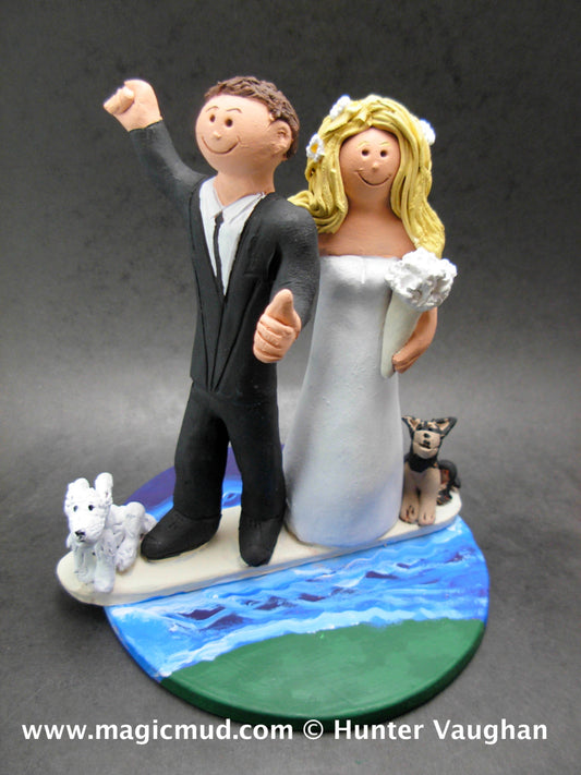 Surfer's Wedding Cake Topper - Bride and Groom on Surfboard Wedding Cake Topper, Pet Dogs Wedding Cake Topper, Surfing Wedding Cake Topper - iWeddingCakeToppers
