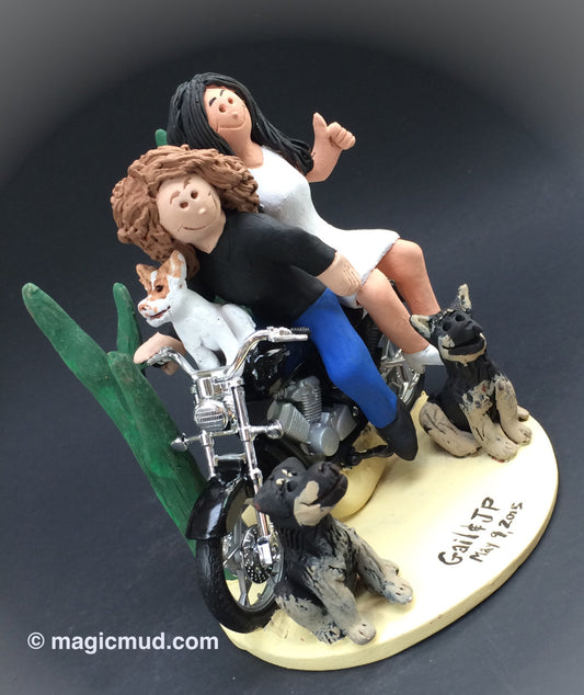 Lesbian Motorcyclist Wedding Cake Toppers custom made for same sex weddings!...handmade to your specifications. Lesbian Wedding Cake Topper - iWeddingCakeToppers