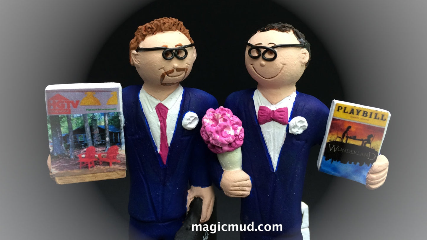 Same Sex Wedding Cake Topper with Pet Dogs , Gay Wedding Cake Topper, Caketopper for 2 Men, Two Grooms Caketopper, Gays Wedding Cake Topper