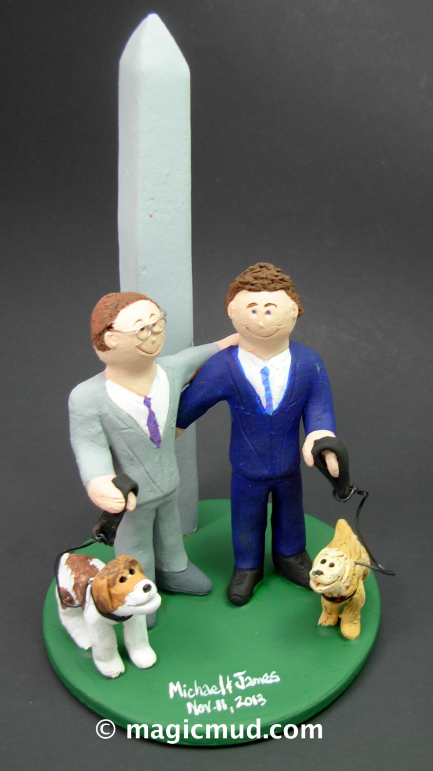 Same Sex Wedding Cake Topper with Pet Dogs , Gay Wedding Cake Topper, Caketopper for 2 Men, Two Grooms Caketopper, Gays Wedding Cake Topper