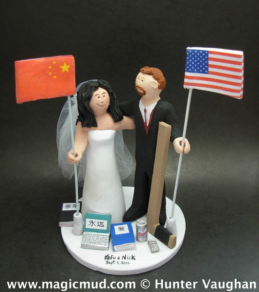 Chinese Bride and American Groom Wedding Cake Topper, Mixed Race Wedding Cake Topper, Interracial Wedding Anniversary Gift Figurine. - iWeddingCakeToppers