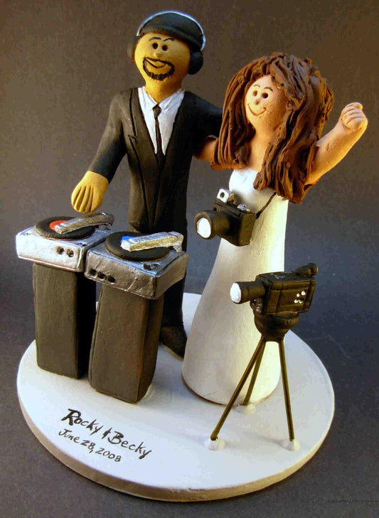 American Bride and Latino Groom Wedding Cake Topper, DJ Wedding Cake Topper, Disc Jockey Wedding Cake Topper, DJ Wedding Anniversary Gift.
