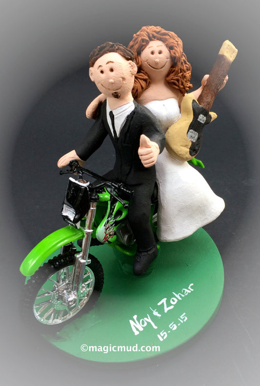 Bride and Groom on Off Road Motorcycle Wedding Cake Topper, Motorcycle Wedding Anniversary Gift, Motorcycle Wedding Anniversary Gift - iWeddingCakeToppers