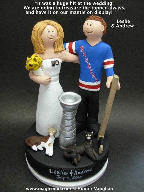 New York Ranger Groom Wedding Cake Topper, Philadelphia Flyers Bride Wedding CakeTopper, New York Rangers Wedding Anniversary Gift Figurine, - iWeddingCakeToppers