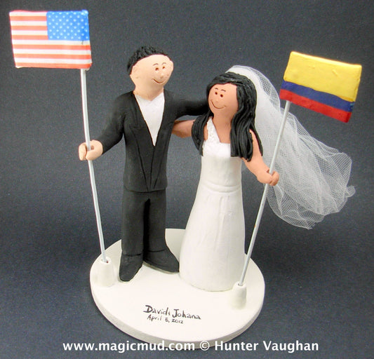 Colombian Bride American Groom Wedding Cake Topper, Wedding CakeTopper with Country of Origin Flags, Colombian Bride Figurine, CakeTopper - iWeddingCakeToppers