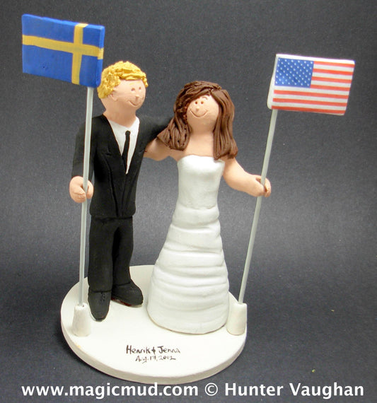 American Bride Swedish Groom Wedding CakeTopper, International Marriage Wedding Cake Topper, Wedding CakeTopper with Country of Origin Flags - iWeddingCakeToppers