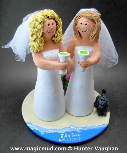 Gay Brides - Lesbian Marraige on Beach Wedding Cake topper , Lesbian Wedding Cake Topper, Gay Wedding Figurine, Same Sex Wedding Cake Topper - iWeddingCakeToppers