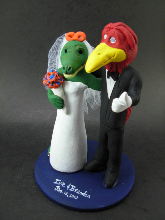Cardinal and Alligator college mascot wedding cake toppers, Alligator Bride Wedding Cake Topper, Cardinal Mascot Groom Wedding Cake Topper