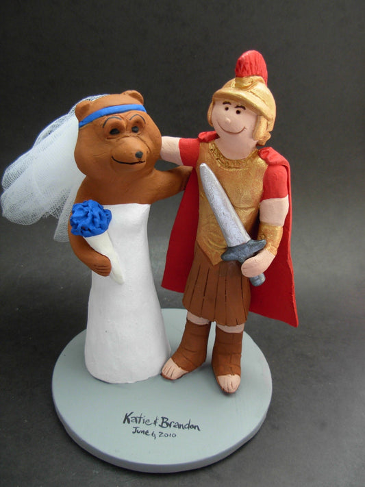 Bear and Gladiator college mascot wedding cake toppers, Bear Bride Wedding Cake Topper, Gladiator Mascot Groom Wedding Cake Topper
