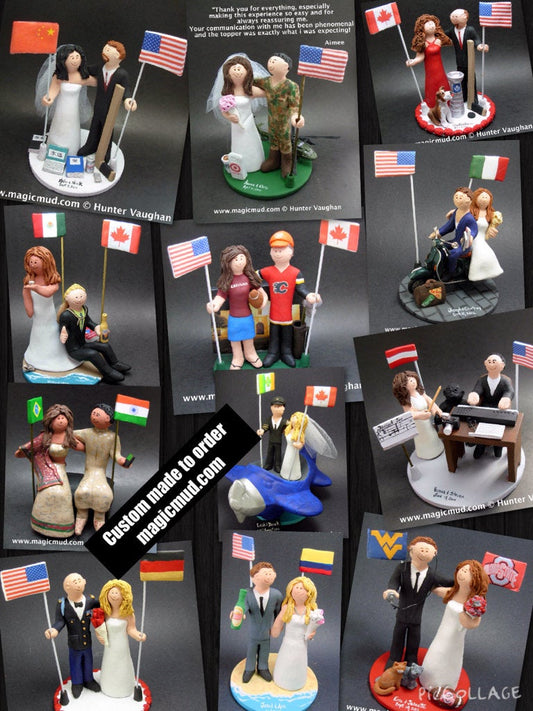 International Marriage Wedding Cake Topper, Wedding Cake Topper with Country of Origin Flags, custom marriage figurine,custom wedding statue - iWeddingCakeToppers