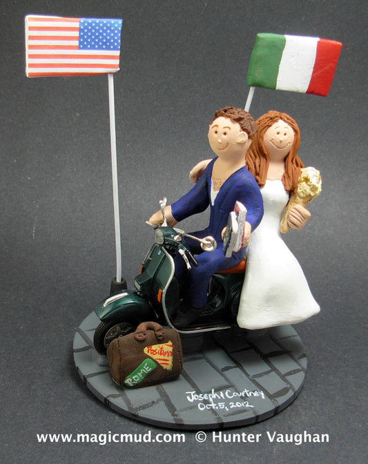 Italian Bride American Groom Wedding Cake Topper, Wedding CakeTopper with Country of Origin Flags,Vespa Wedding Cake Topper,wedding figurine - iWeddingCakeToppers