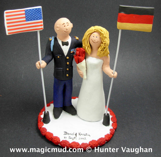German Bride American Army Groom Wedding Cake Topper, International Marriage Wedding Cake Topper, Wedding CakeTopper with Country Flags - iWeddingCakeToppers
