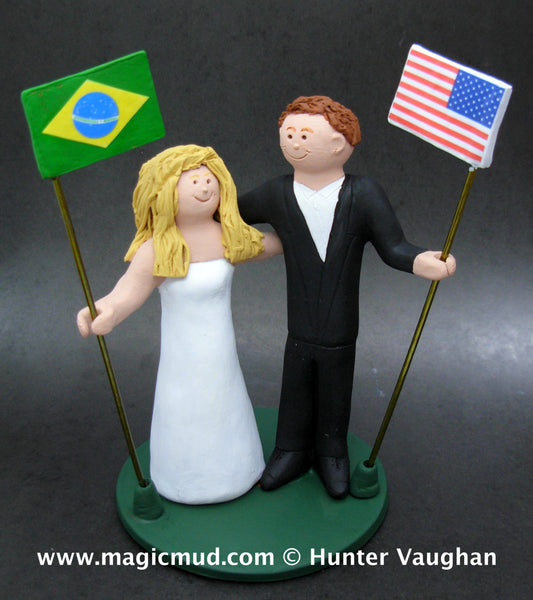 Brazilian Bride American Groom Wedding Cake Topper,International Marriage Wedding CakeTopper,Wedding CakeTopper with Country of Origin Flags - iWeddingCakeToppers