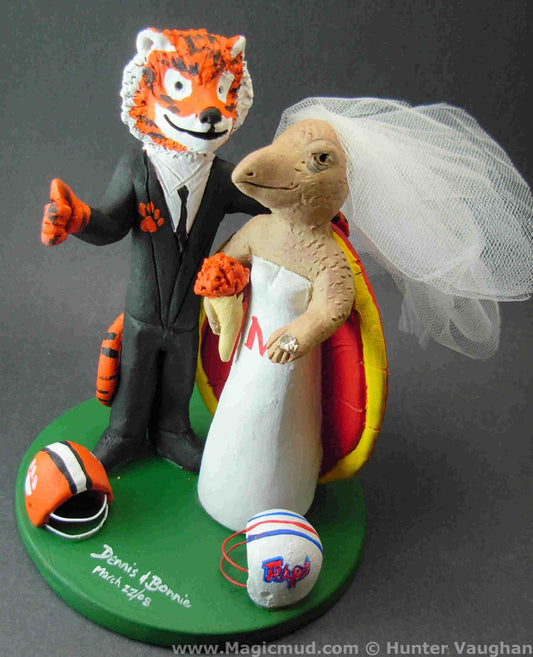 Clemson Tiger Groom Marries Maryland Terrapin Bride, Tiger Groom Wedding Cake Topper - Custom Made - iWeddingCakeToppers
