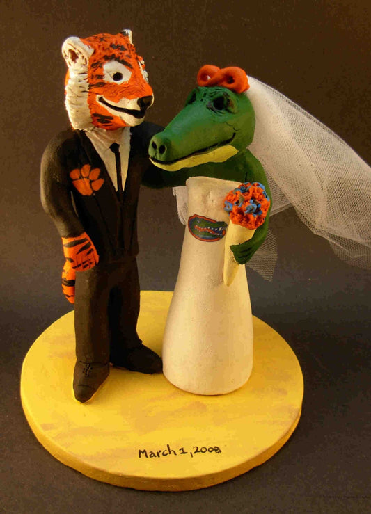 Clemson Tiger Groom Marries Florida Gator Bride, Alligator Bride Wedding Cake Topper, Clemson University Wedding Cake Topper - iWeddingCakeToppers