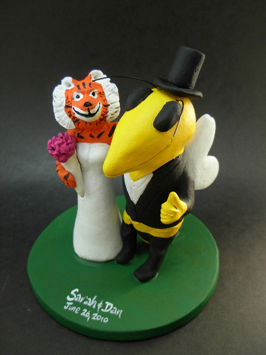 Tiger Marries Bee Football Wedding Cake Topper, Wasp Custom Made Wedding Cake Topper - iWeddingCakeToppers