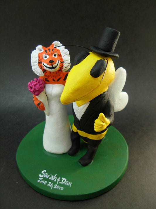 Tiger Marries Bee Football Wedding Cake Topper, Wasp Custom Made Wedding Cake Topper