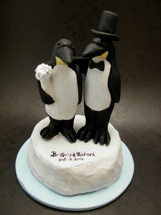 Penguin's Wedding Cake Topper - custom made Penguin Bride and Groom Wedding Cake Topper, Penguin in Top Hat Wedding Cake Topper