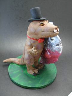 Tyrannosaursus Rex Groom Marries Piranha Fish Wedding Cake Topper, Dinosaur Wedding Cake Topper, Piranha Wedding Cake Topper - iWeddingCakeToppers
