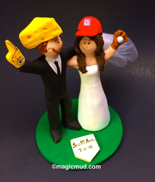 Green Bay Packers "Cheesehead" Football Wedding Cake Topper, St. Louis Cardinals Wedding Cake Topper,  Wedding Cake Topper custom made