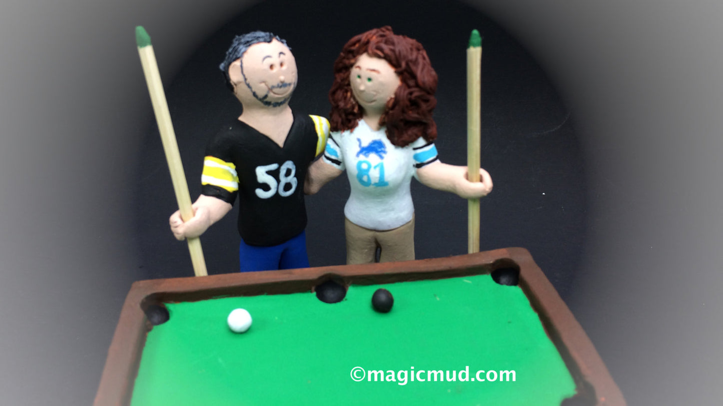 Billiard Player's Wedding Cake Topper - Custom Made Pool Players Wedding Cake Topper, Bride and Groom with Pool Cues Wedding Cake Topper - iWeddingCakeToppers
