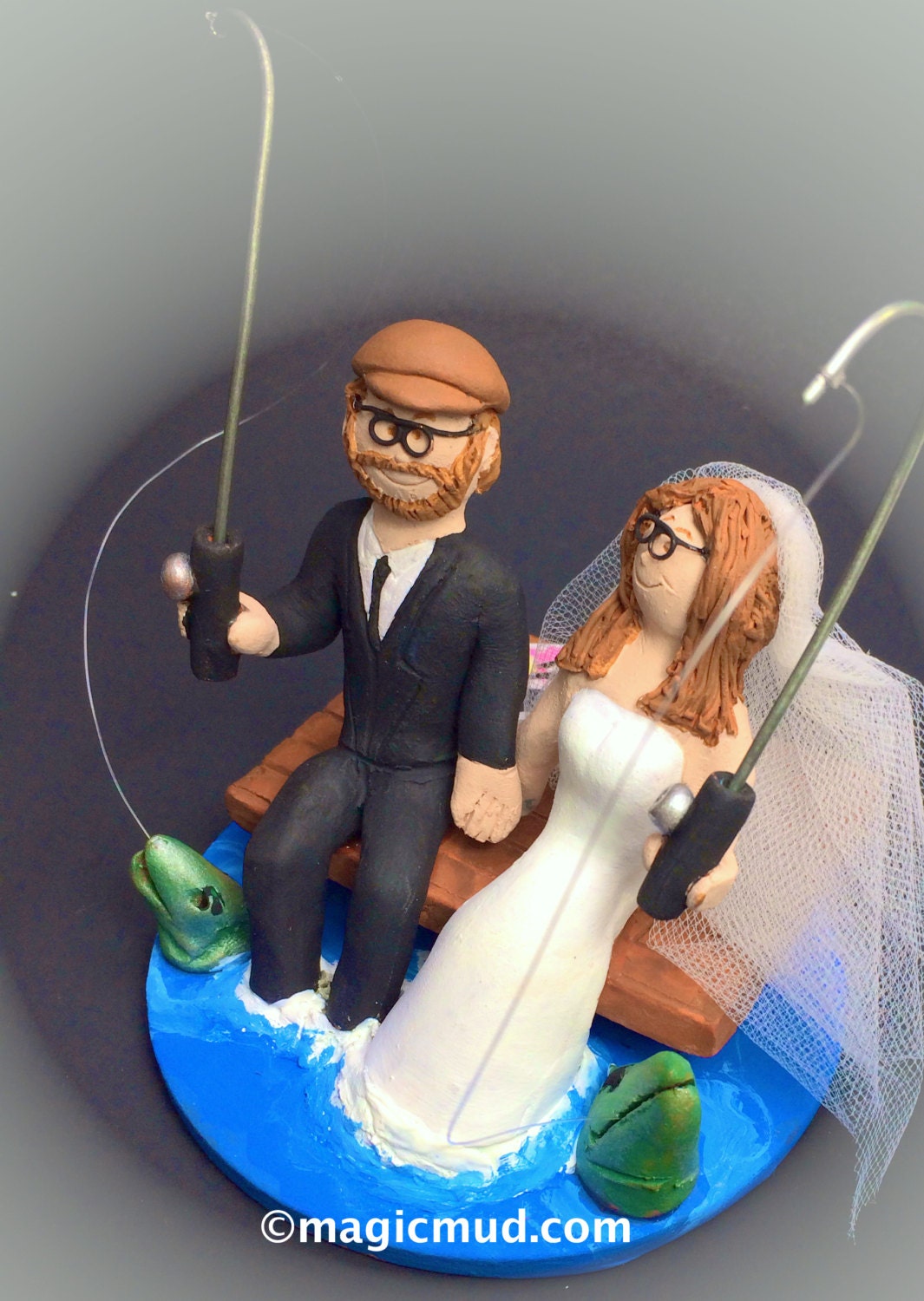 Bride and Groom Fish Off Dock Wedding Cake Topper - Fishing Wedding Cake Topper, At The Cottage Dock Wedding Cake Topper Custom Made