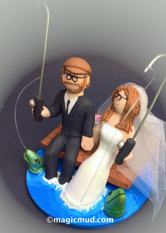 Bride and Groom Fish Off Dock Wedding Cake Topper - Fishing Wedding Cake Topper, At The Cottage Dock Wedding Cake Topper Custom Made