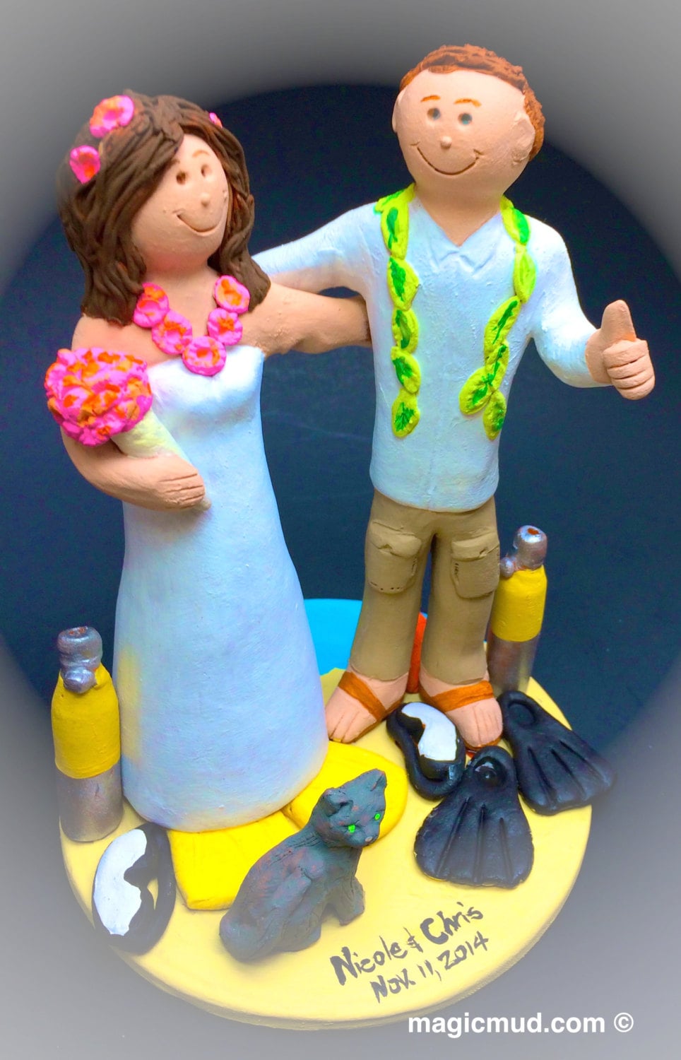 Bride and Groom Wearing Hawaiian Lei's Wedding Cake Topper - Custom Made Destination Wedding Cake Topper, Beachside Wedding Cake Topper
