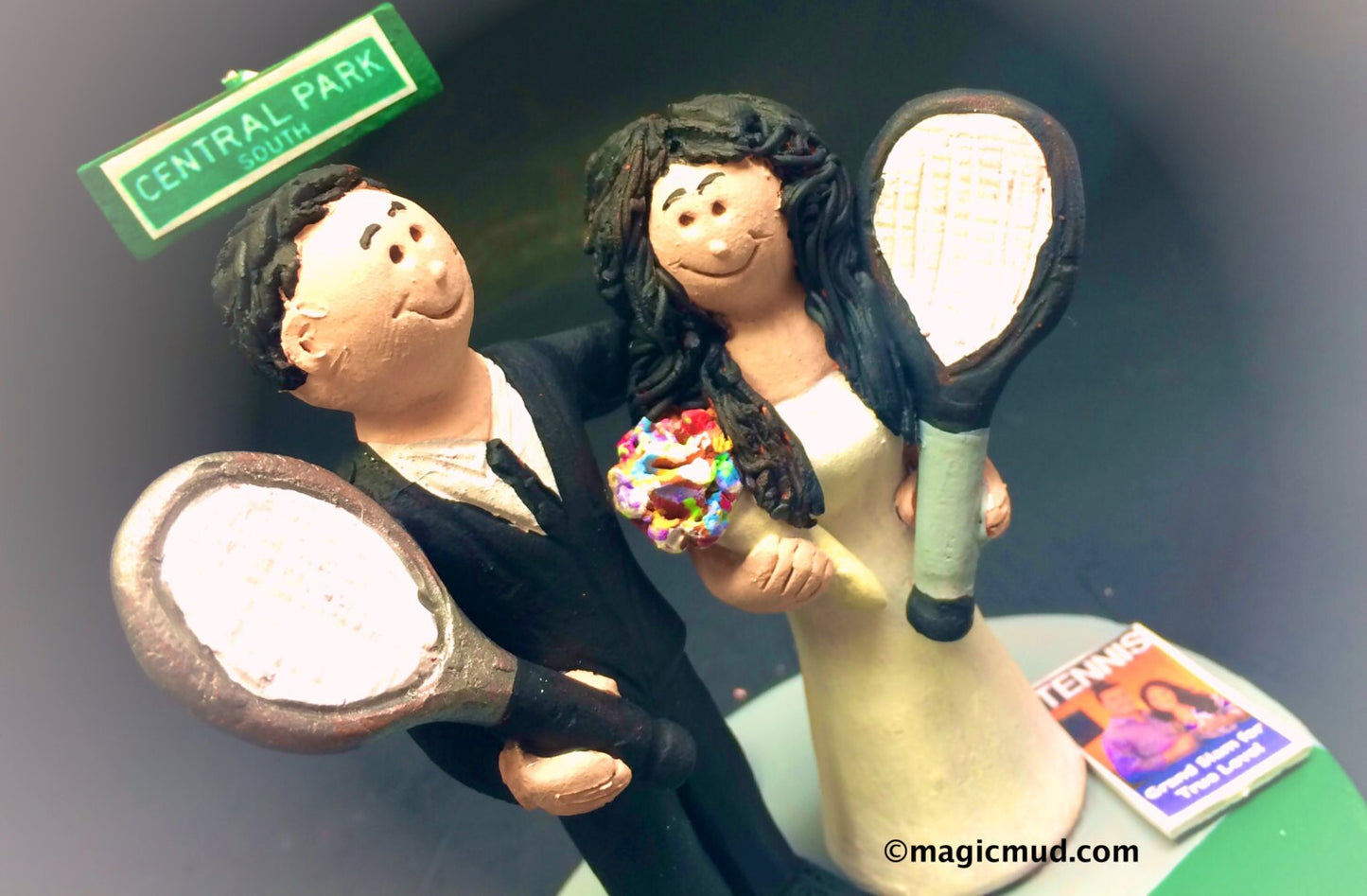 Bride and Groom Tennis Player's Wedding Cake Topper - Custom Made Tennis Wedding Cake Topper - Bride with Tennis Raquet Wedding Cake Topper
