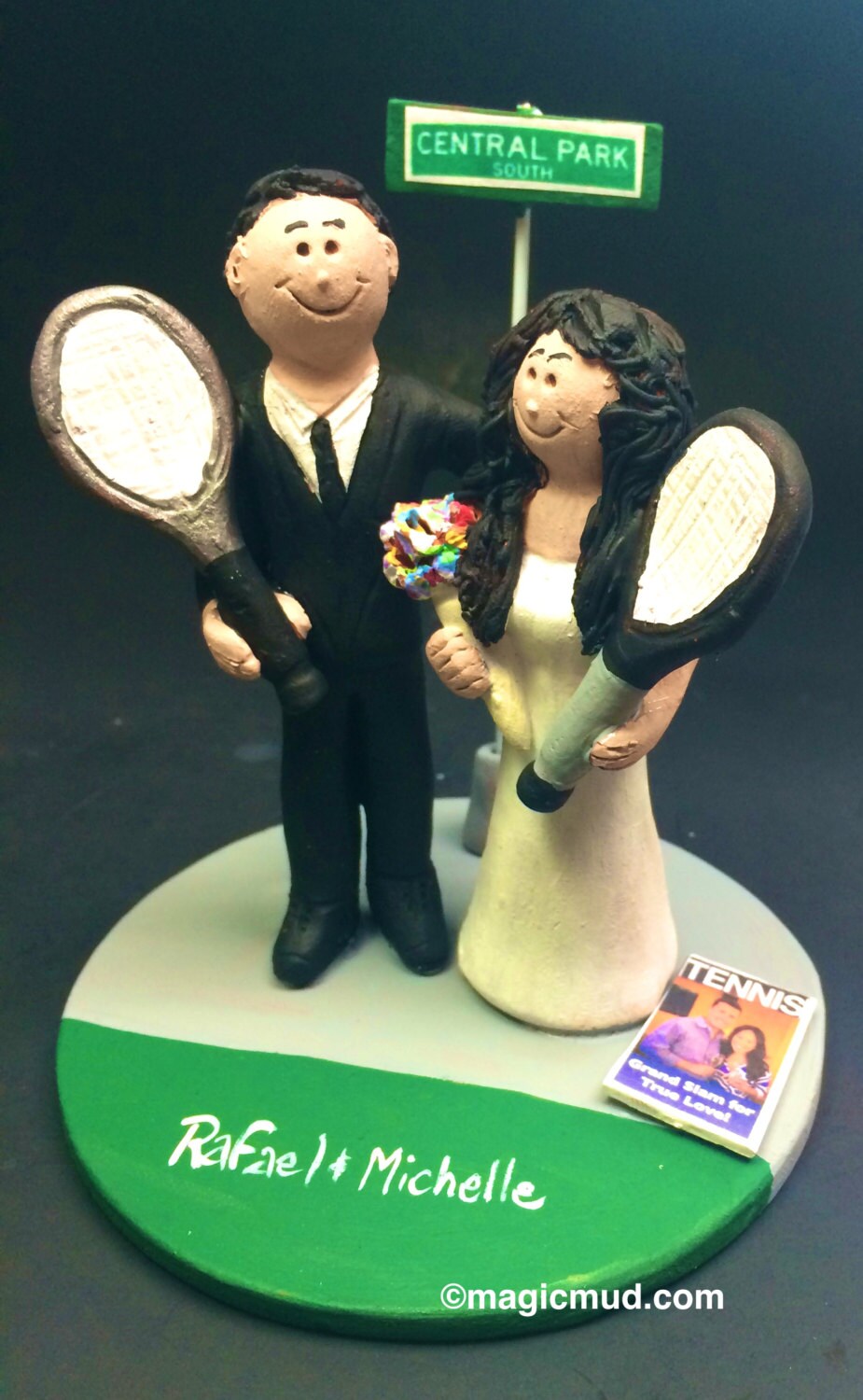 Bride and Groom Tennis Player's Wedding Cake Topper - Custom Made Tennis Wedding Cake Topper - Bride with Tennis Raquet Wedding Cake Topper