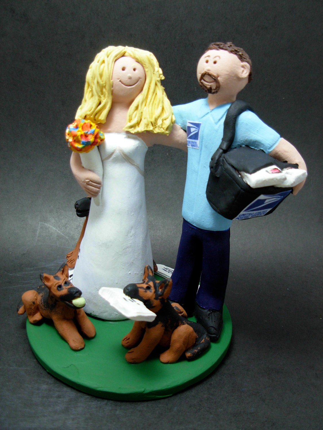 Mailman / Postman's Wedding Cake Topper - Custom Made Mailman Wedding Cake Topper - USPS Wedding Cake Topper- Wedding Cake Topper 2 pug dogs