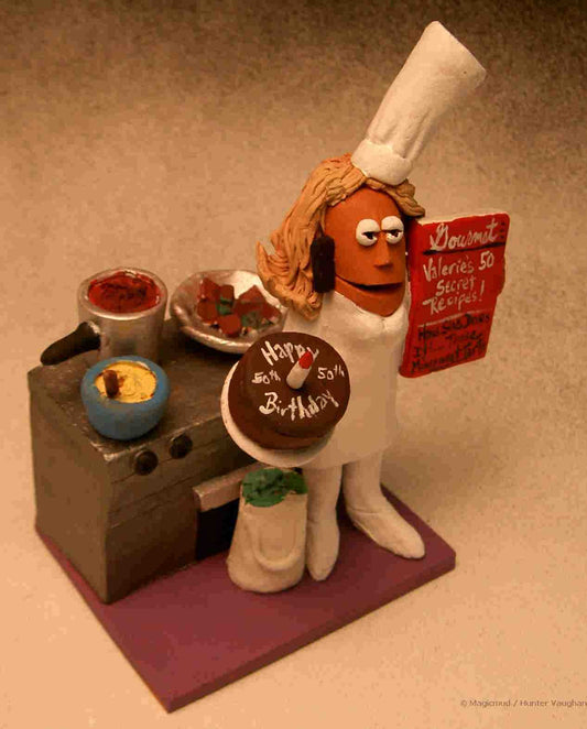 Custom figurine of the chef at her stove, a unique 50th Birthday gift