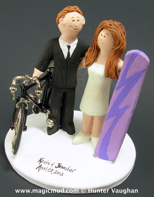 Bicyclist Groom Marries Snowboarding Bride Wedding Cake Topper
