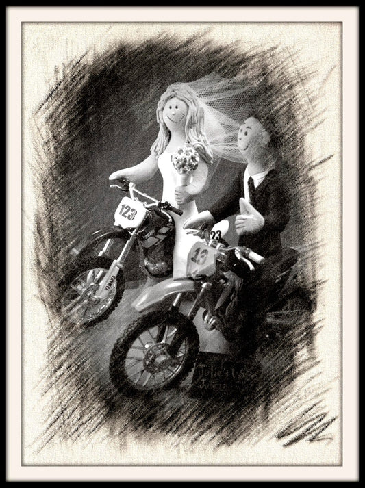 Bride and Groom on Off Road Motorcycles Wedding Cake Topper