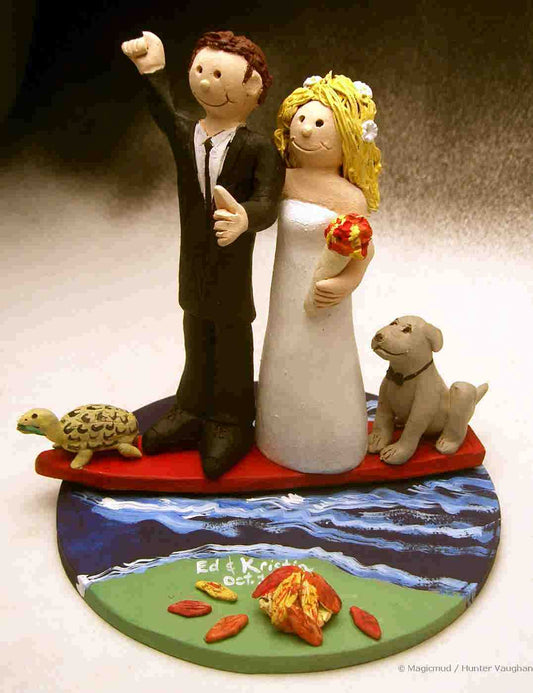 Bride and Groom with their Pets Wedding Cake Topper