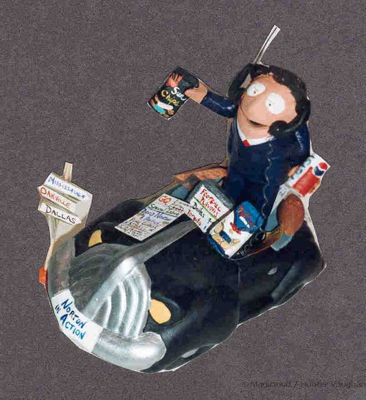 Promotional Figurine custom made for Pepsico executive, on 2 phones, in  car with product, football and TV.