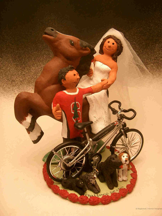 Cyclist Groom and Equestrian Bride Wedding Cake Topper