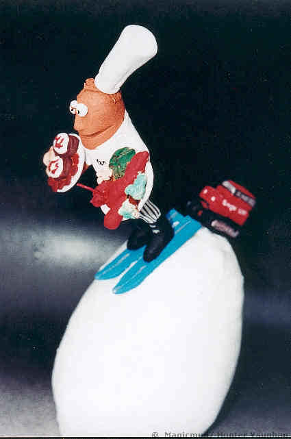 Unique gift for a Chef!! A custom made clay statue of him skiing and being the Chef...most appetizing!