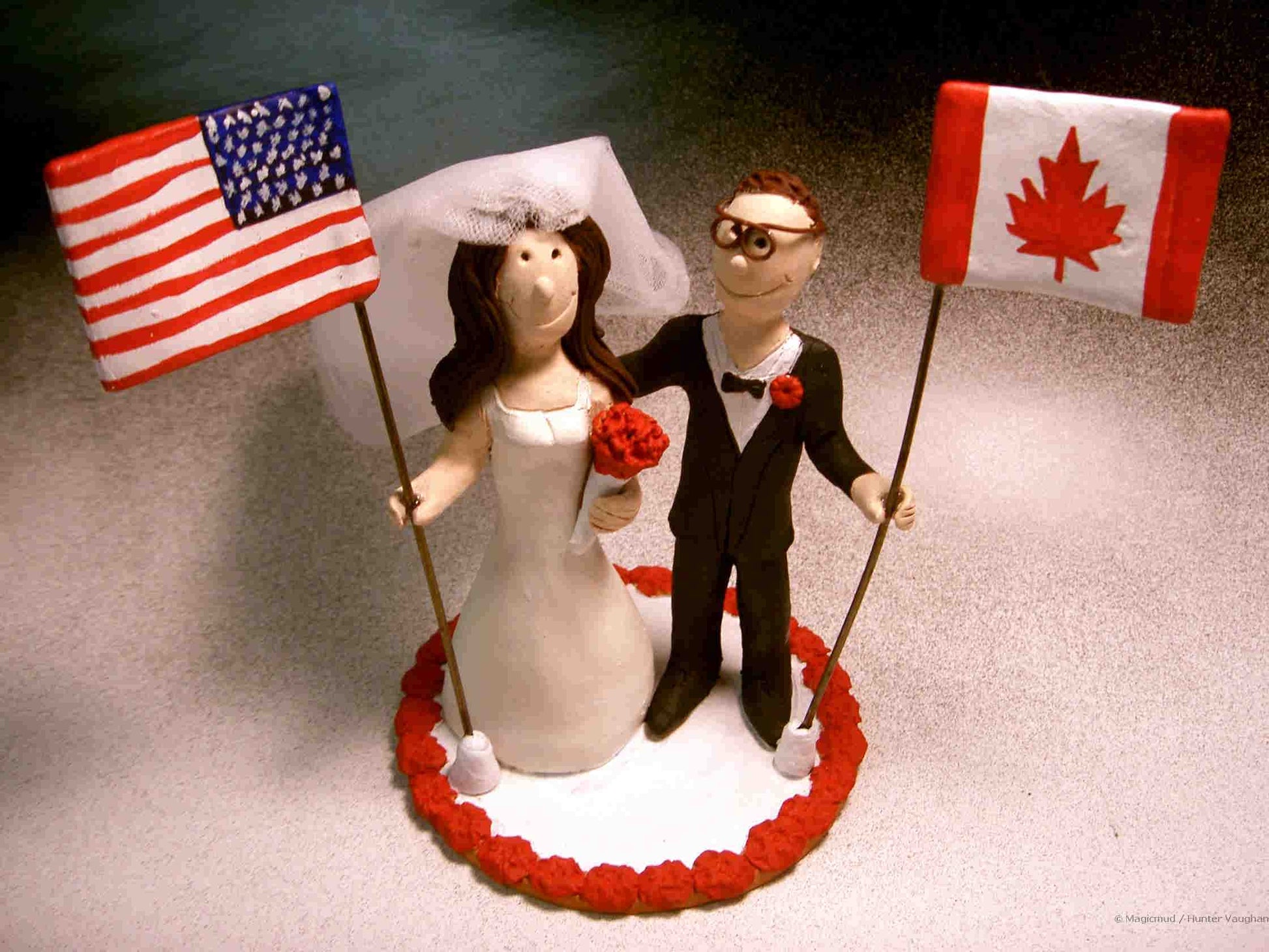 Wedding Cake Topper with U.S.-Canadian Flags