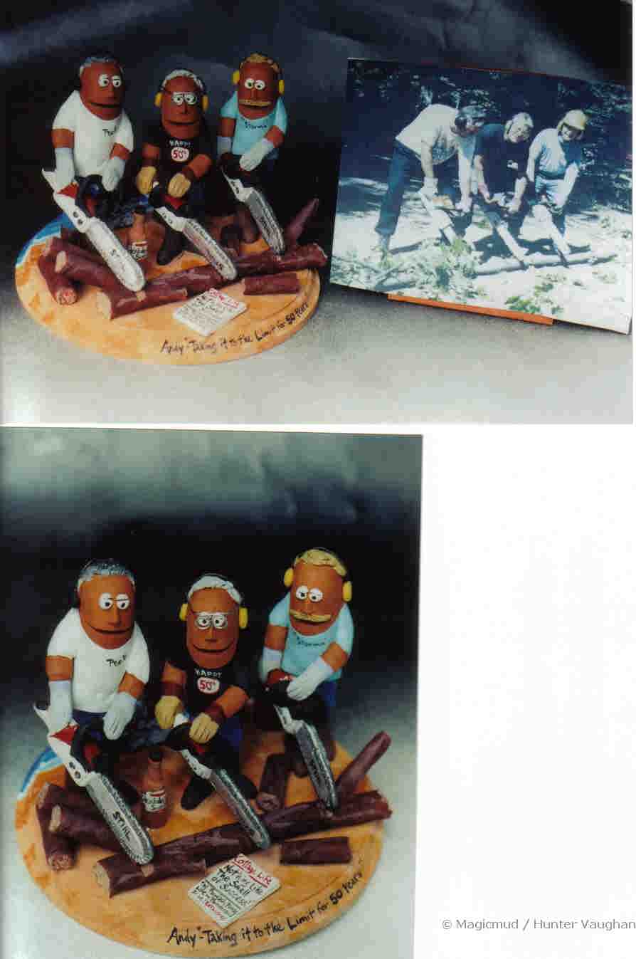 A personalized figurine makes an original present for man's 50th birthday...him and his buddies with their chainsaws